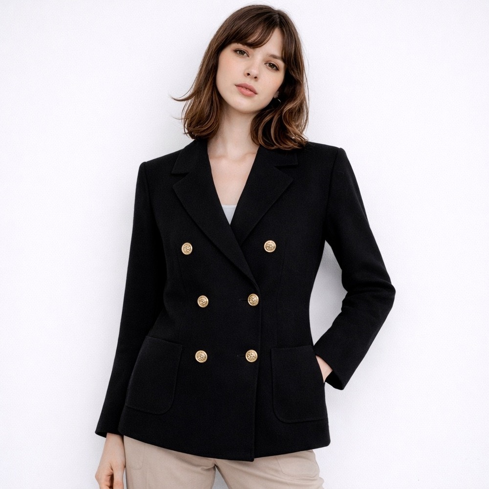 Brown Allan Merino Wool Yak Double Breasted‎ Knit Blazer Black Women's S Luxury